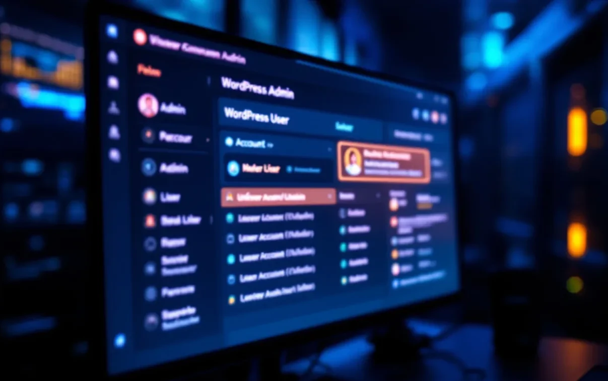 A close-up, photoreal editorial photograph of a glowing computer monitor displaying a WordPress admin dashboard with an