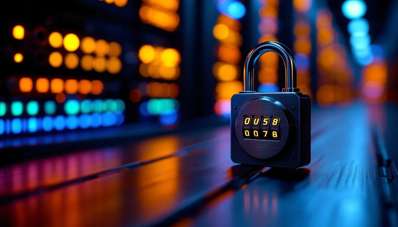 A photoreal close-up editorial scene of a single physical combination padlock sitting on a dark brushed-metal surface, i