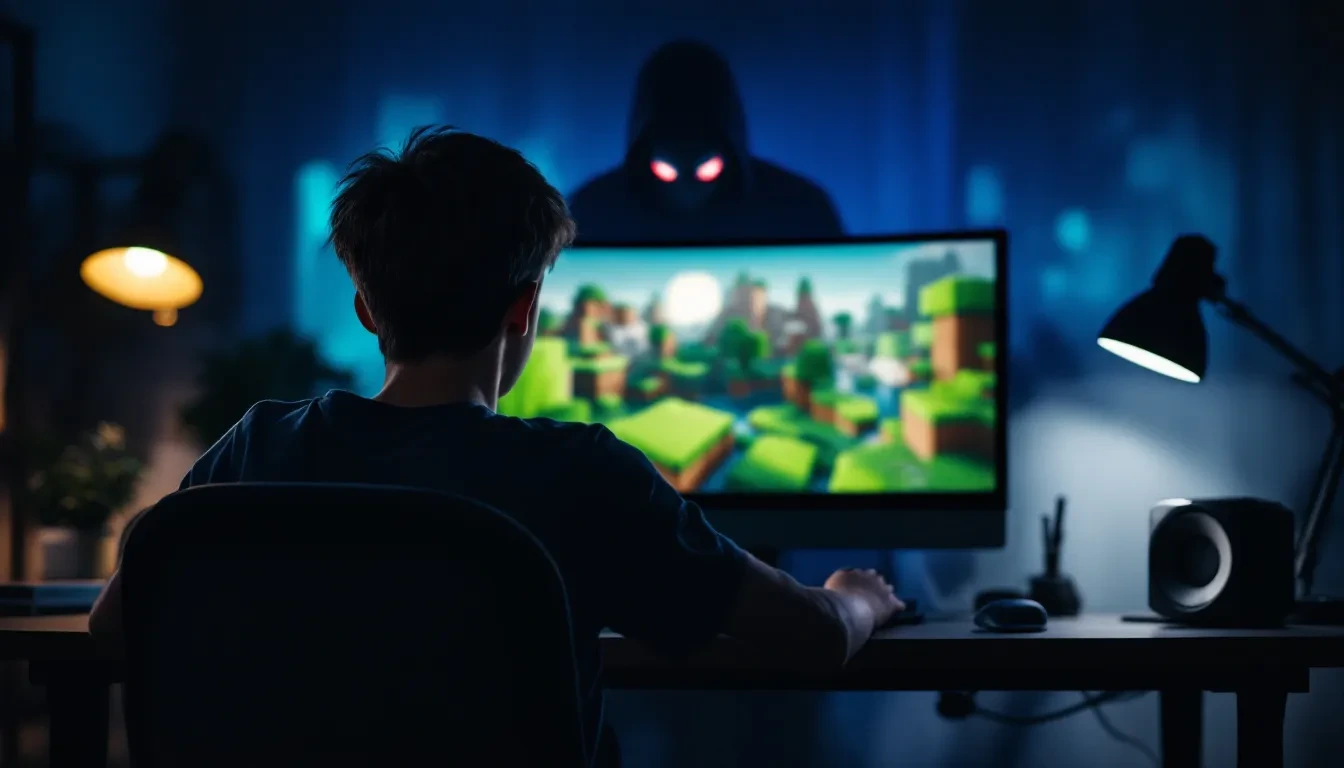 A photoreal editorial scene of a teenage boy sitting at a dimly lit gaming desk, staring at a monitor showing a Minecraf