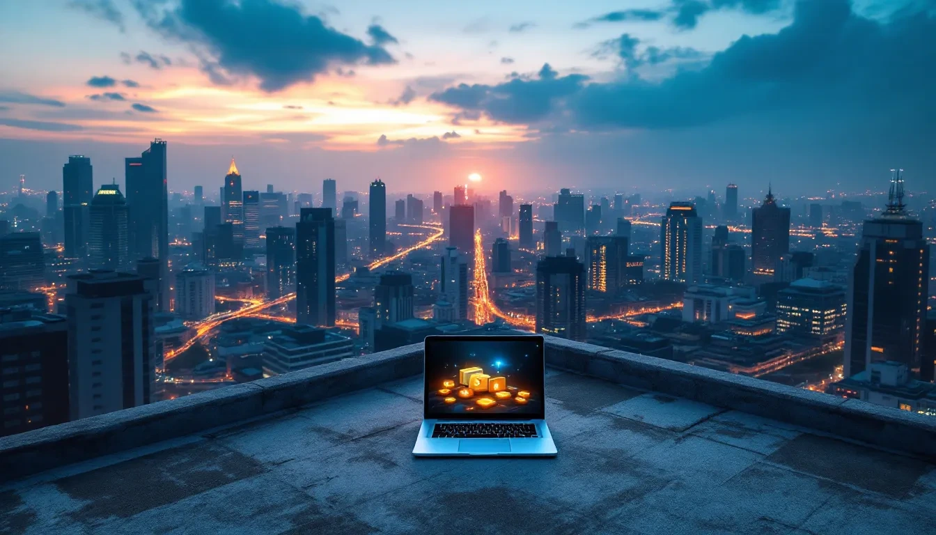 A photoreal aerial view of a generic Southeast Asian city at dusk, digital network node lines faintly overlaid on the ci