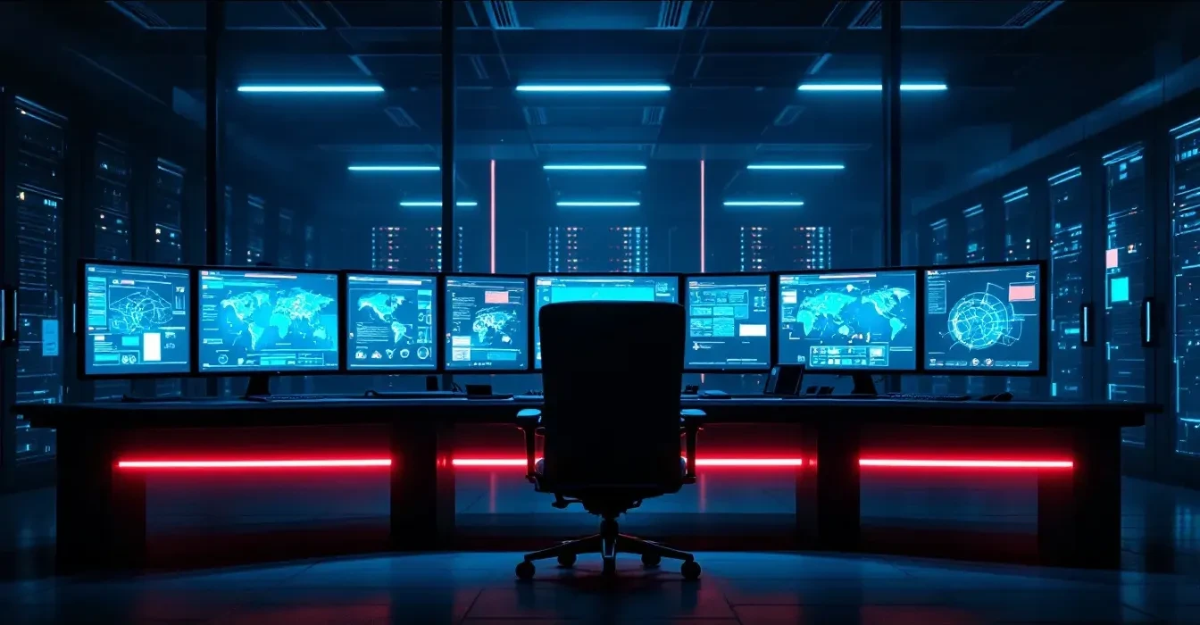 A photoreal wide-angle shot of a dimly lit enterprise network operations center at night, multiple large monitors displa