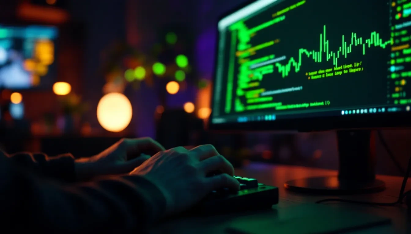 A photoreal close-up of a developer's hands on a mechanical keyboard in a dimly lit office, a large monitor showing a br