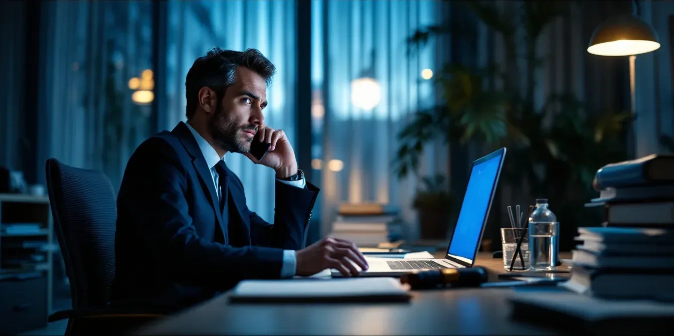 A photoreal editorial scene inside a quiet law firm office at dusk: a professional in business attire sits at a desk spe