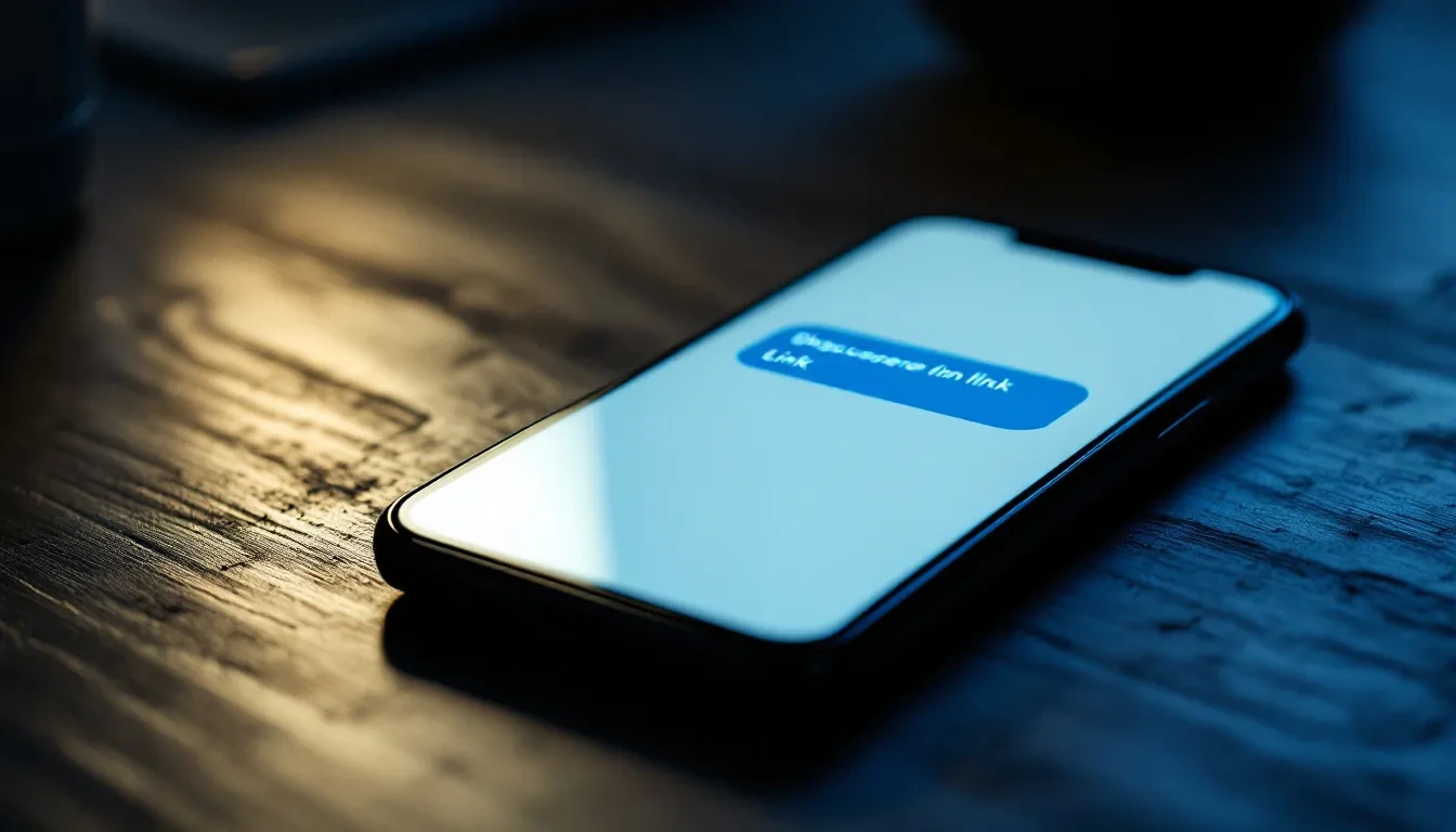 A photoreal editorial scene of a glowing smartphone screen displaying a chat interface with a suspicious unread message