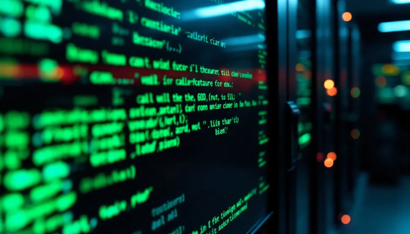 A photoreal close-up of glowing green terminal text scrolling across a dark monitor screen in a dimly lit server room, c
