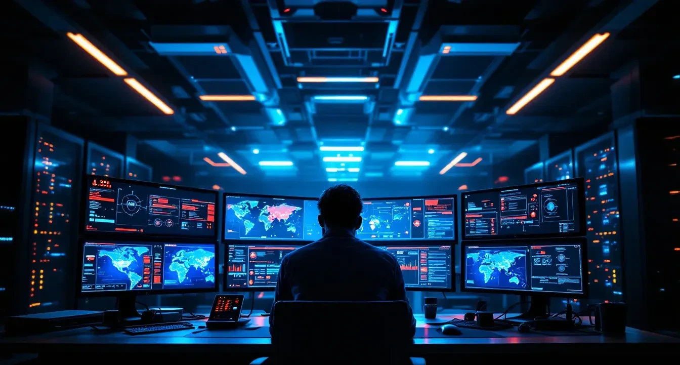 A dramatic wide-angle shot of a dimly lit enterprise network operations center at night, multiple large monitors display