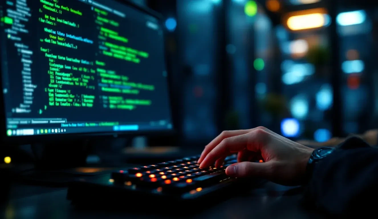 A photoreal close-up of a developer's hands at a mechanical keyboard in a dimly lit server room, with a terminal screen