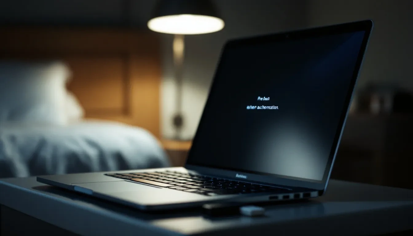 A close-up photoreal editorial shot of a laptop sitting open and unattended on a hotel room desk at night, soft lamp lig