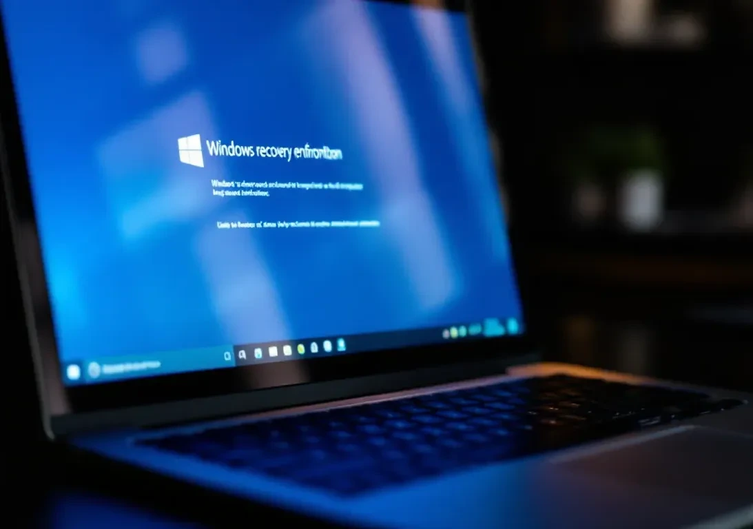 A close-up photoreal editorial photograph of a laptop computer open on a dark desk, the screen displaying a blue Windows