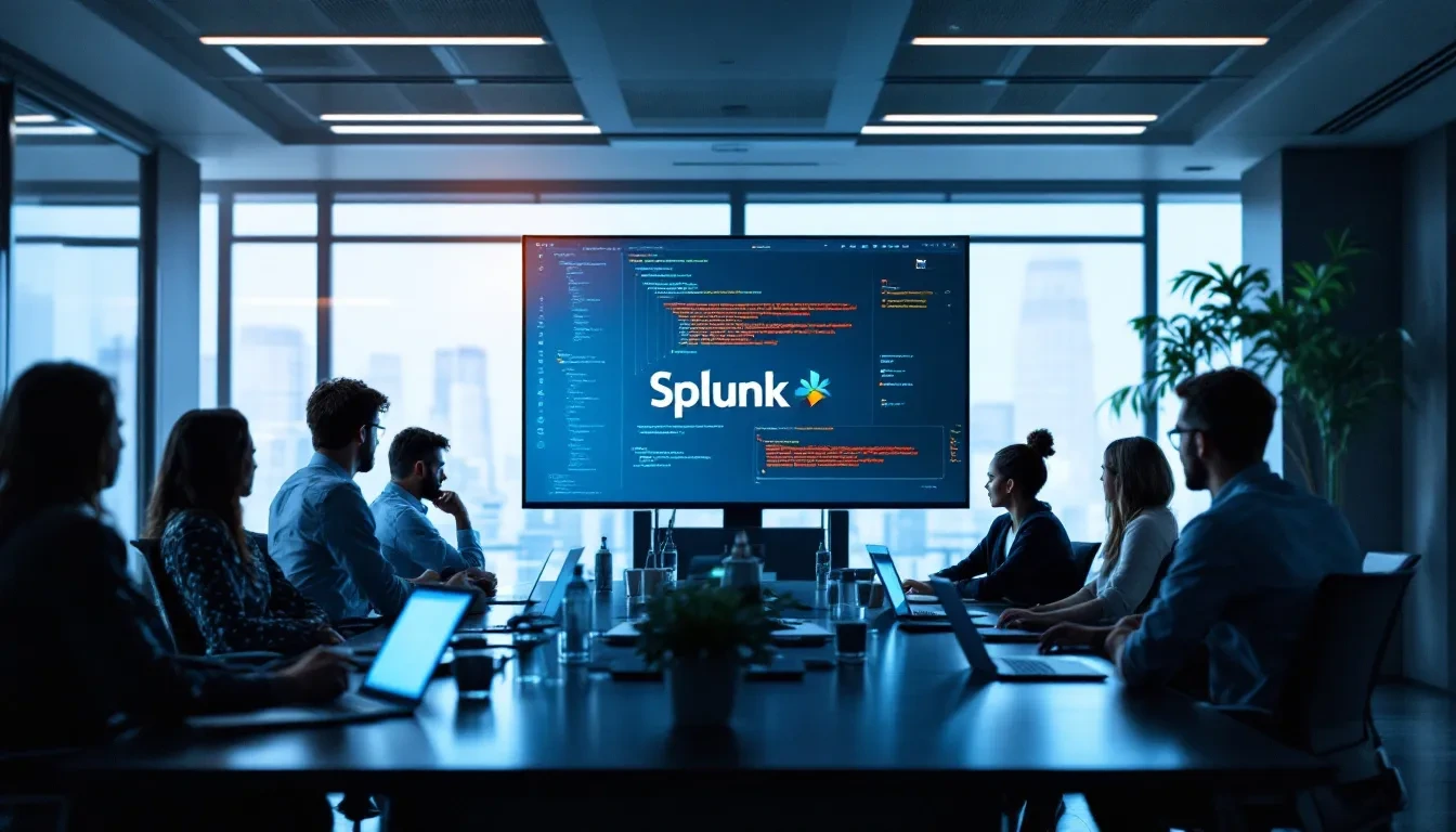 A high-tech conference room with IT professionals discussing cybersecurity vulnerabilities, a digital screen displaying