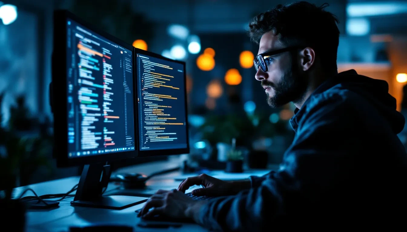 A software developer sits at a dual-monitor workstation in a dimly lit modern office at night, intensely reviewing code