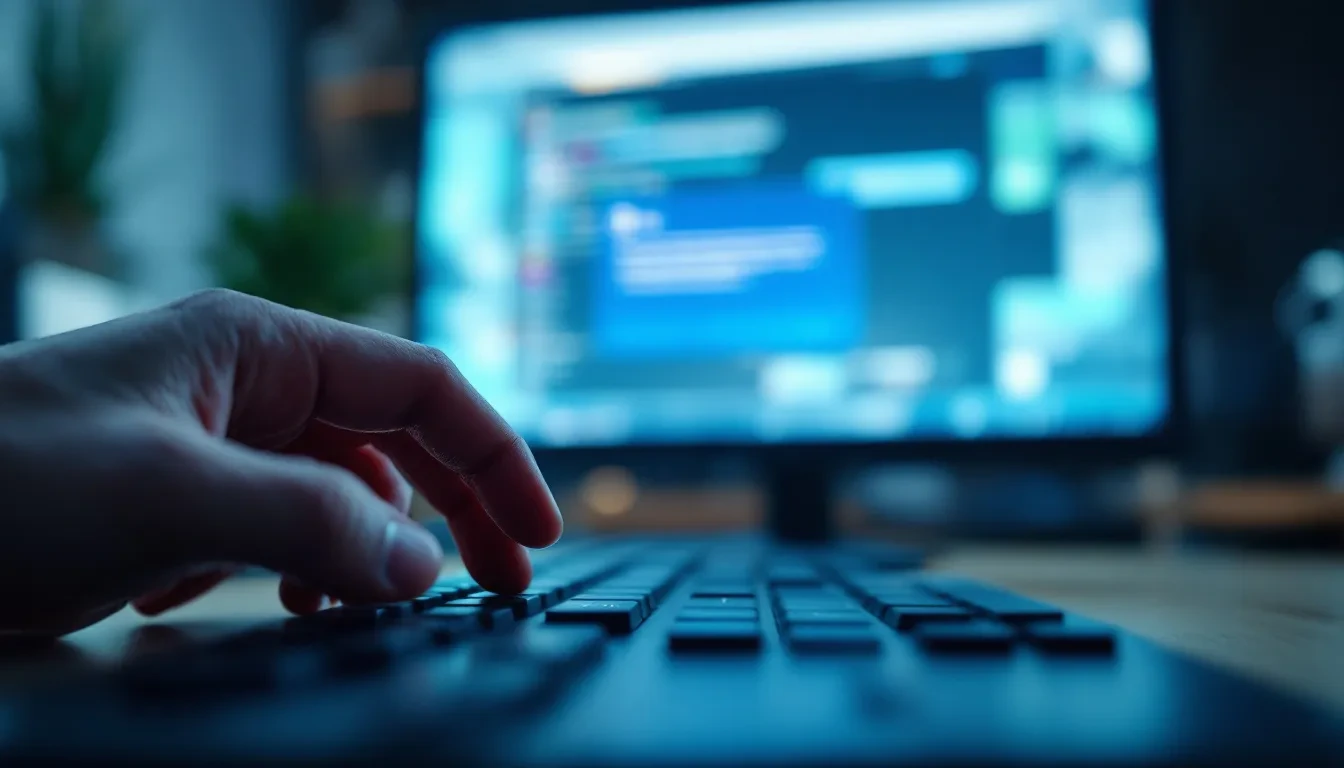 A close-up photoreal editorial shot of a human hand hovering over a mechanical keyboard, fingers poised to press keys, w