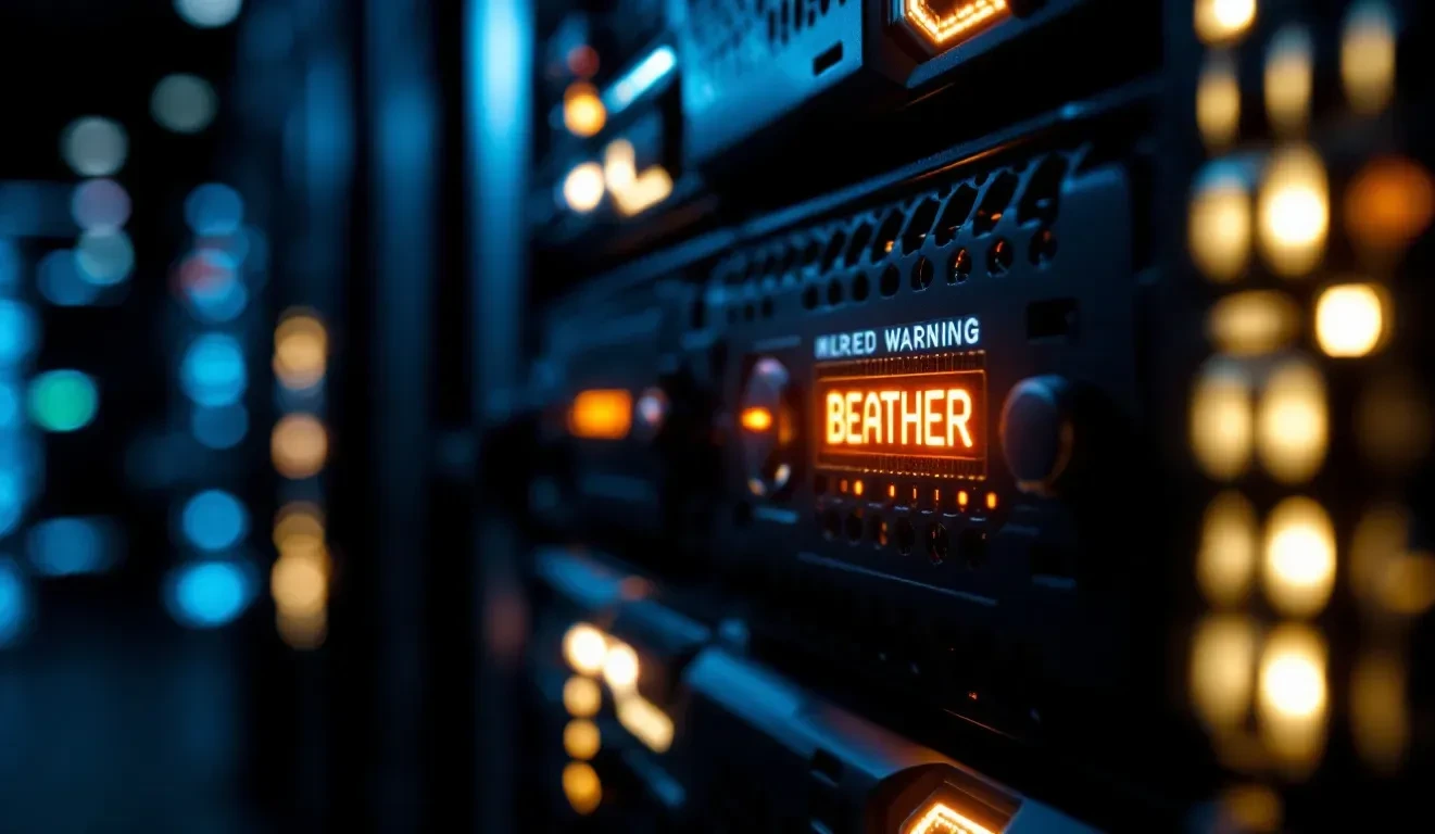 A photoreal close-up of a server rack in a dimly lit data center, one rack unit glowing amber with a warning indicator l