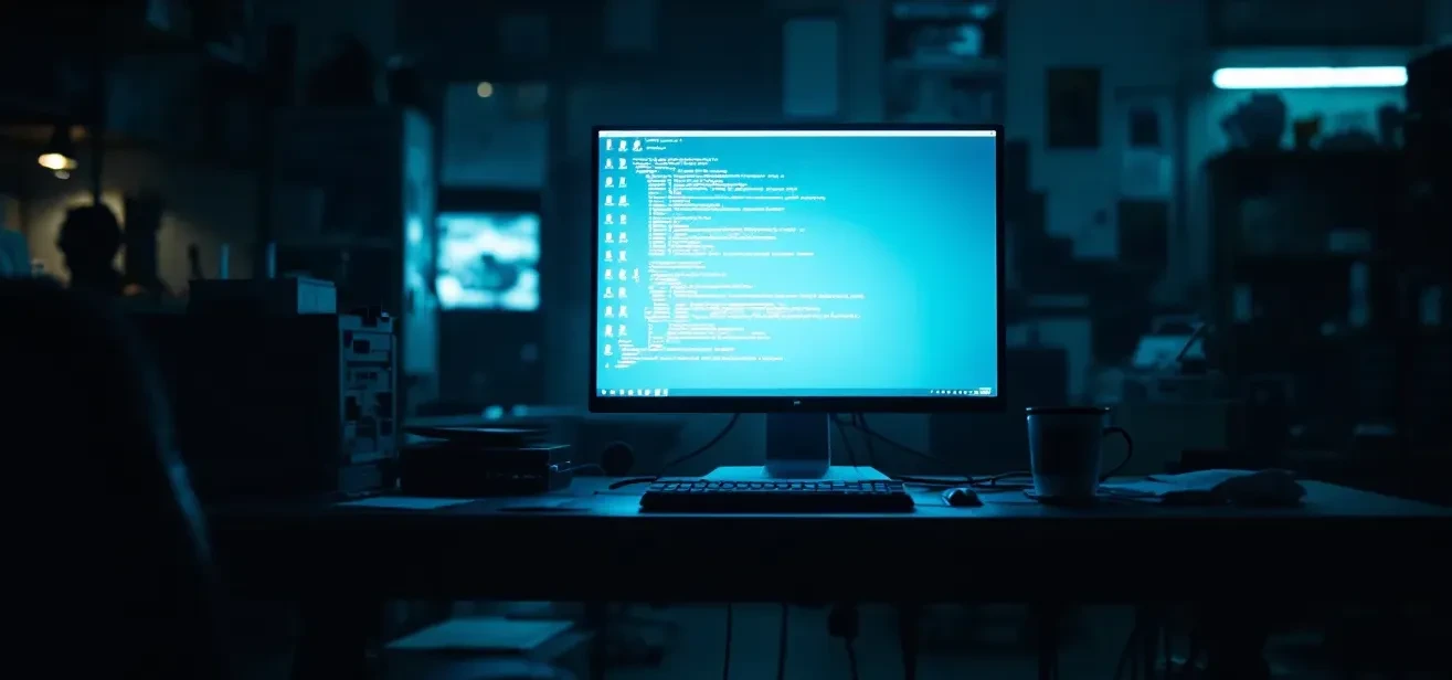 Photoreal editorial scene: a dimly lit automotive workshop office at night, a single computer workstation glowing with a