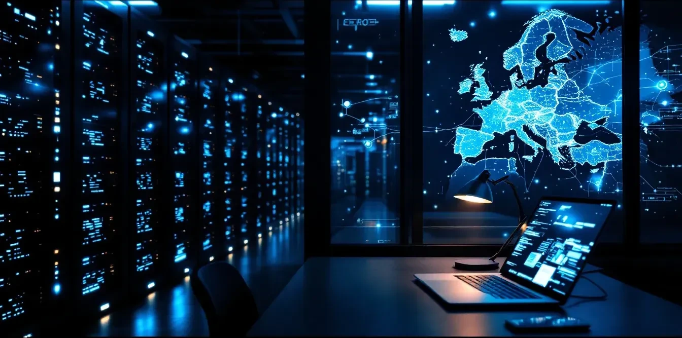 A photorealistic editorial scene of a dimly lit server room with rows of blinking network equipment, a large world map p