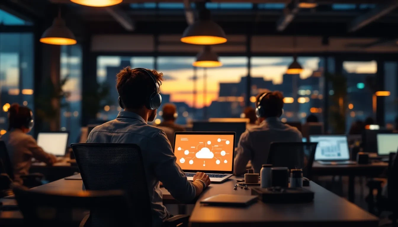 A photoreal editorial scene of a modern open-plan office at dusk, warm overhead lights, several professionals wearing wi