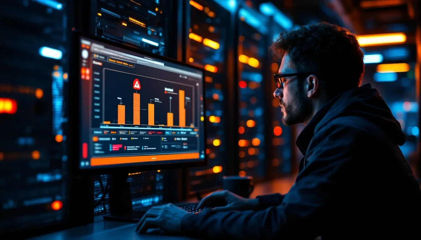 A photorealistic editorial scene of a software engineer in a dimly lit server room staring at a monitor displaying a pip