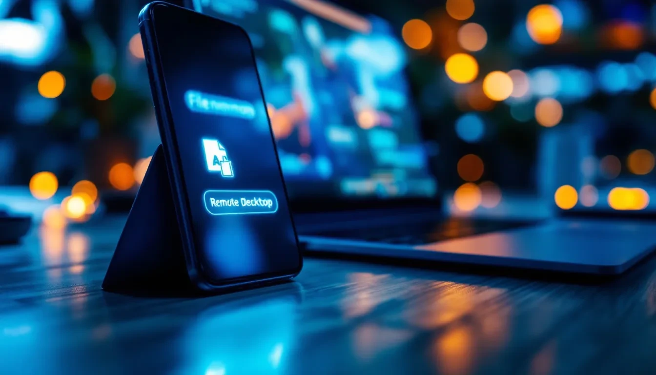 A photorealistic editorial scene: a glowing smartphone screen displaying an anonymous chat message with a file attachmen