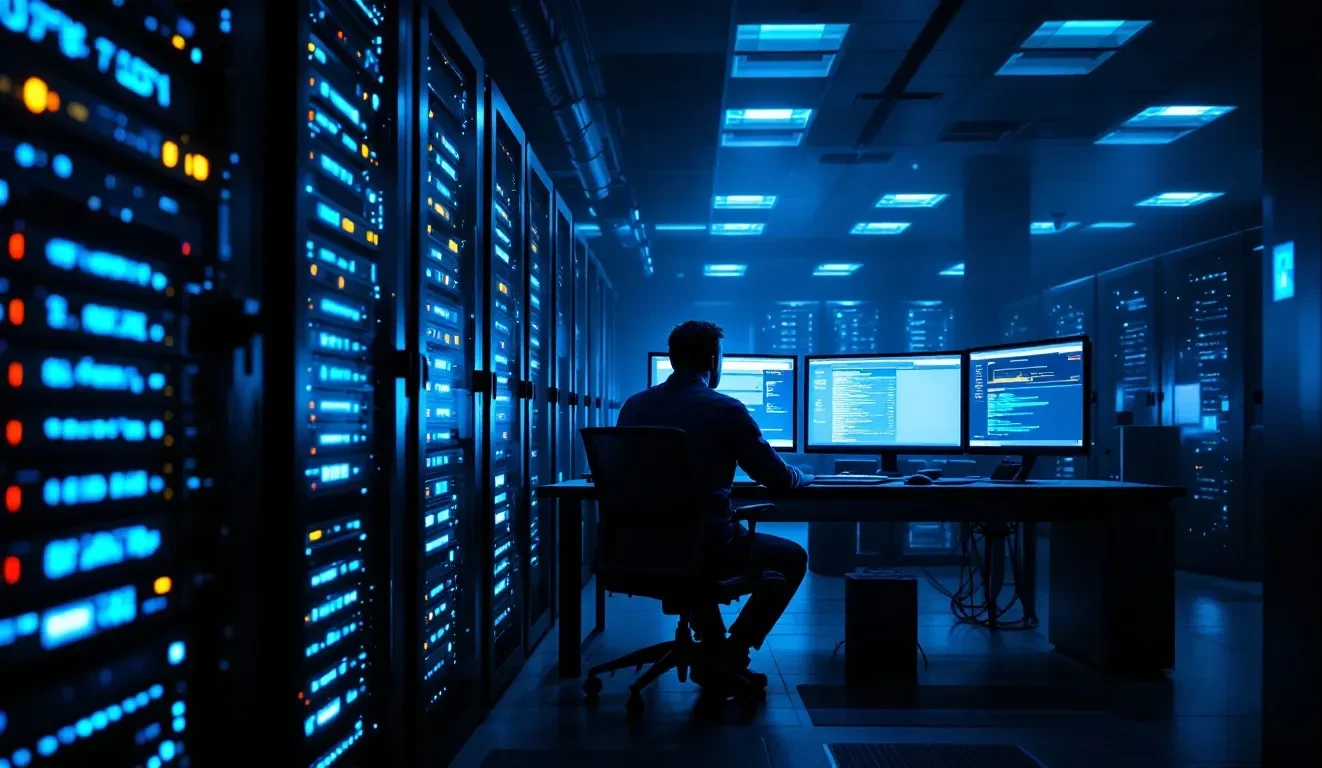 Photoreal wide-angle editorial shot of a server room at night, rows of rack-mounted firewall and network appliances with