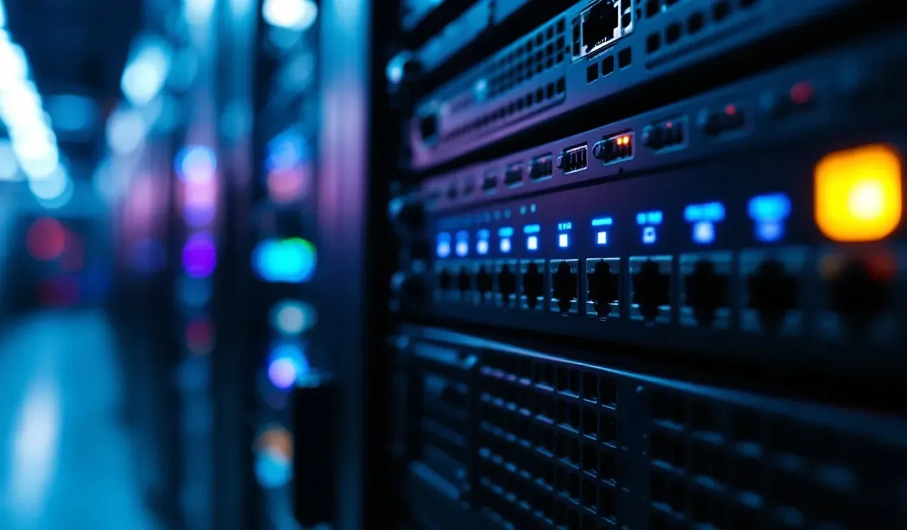 A photoreal close-up editorial photograph of a rack-mounted industrial network device with serial ports and ethernet con