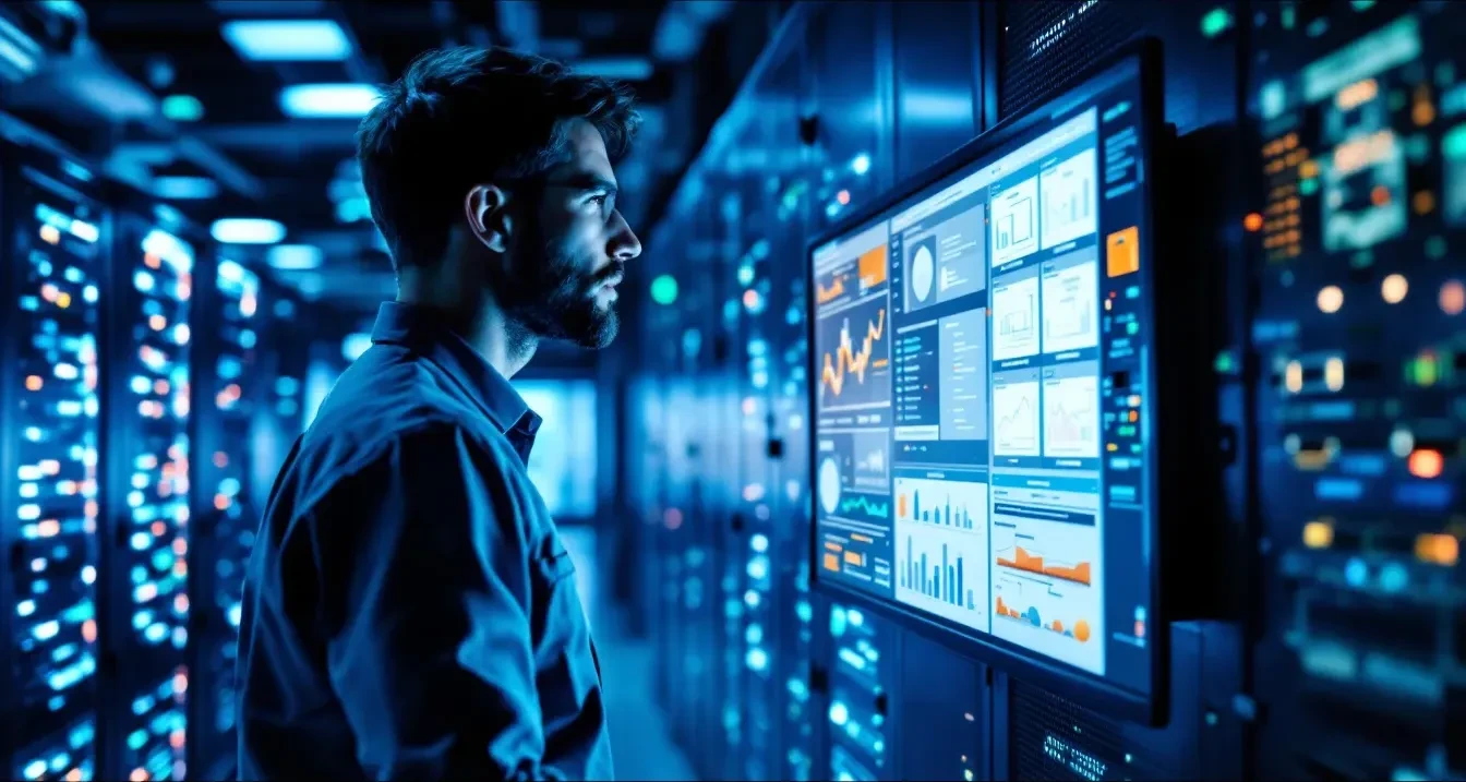 A dimly lit enterprise network operations center at night, rows of physical server racks and blinking network switches i