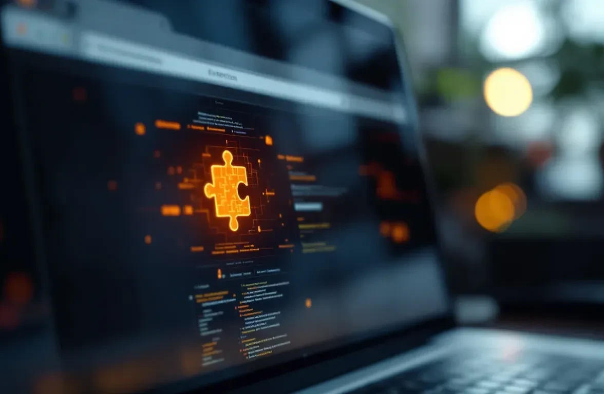 A close-up, photoreal editorial shot of a laptop screen displaying a browser window with a puzzle-piece extension icon g