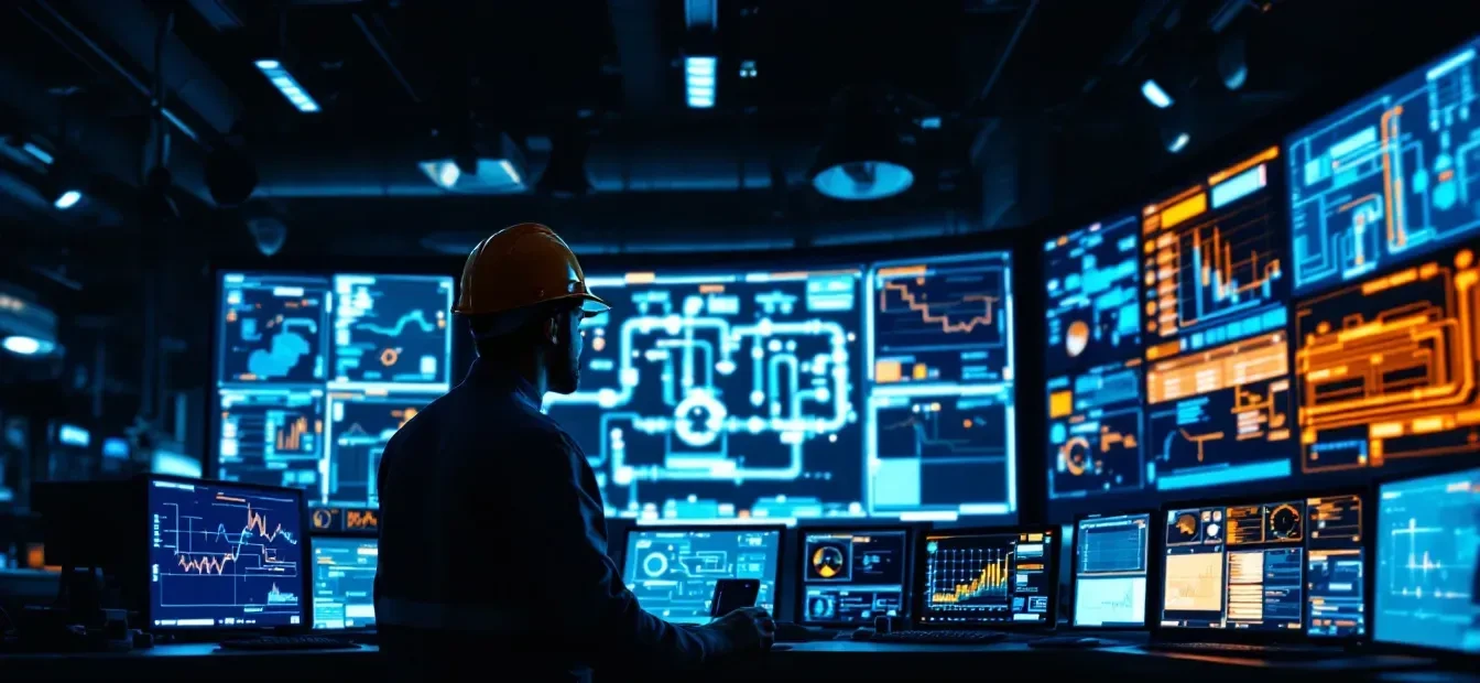 Photoreal editorial scene: a lone industrial control room at night, banks of monitors displaying pipeline schematics and