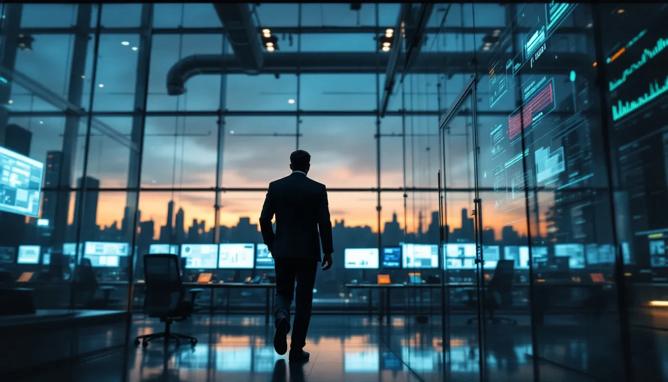A lone executive in a dark suit walks through a modern glass-walled corporate security operations centre at dusk, multip