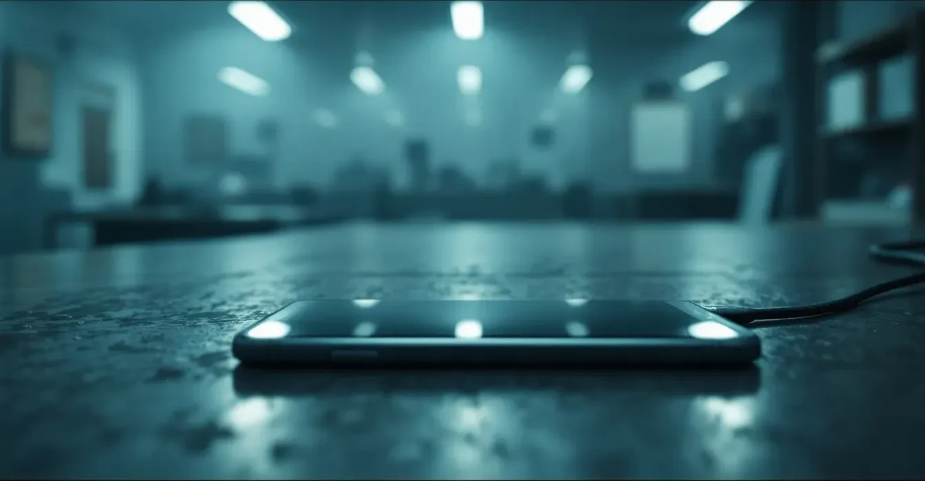 A photorealistic editorial scene showing a close-up of a smartphone lying face-up on a cold metal table in a sparse, dim