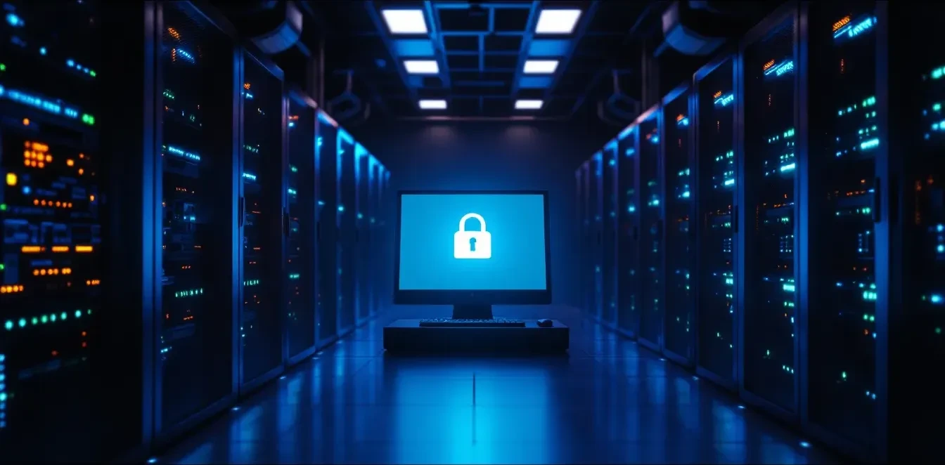 Photoreal editorial scene: a darkened server room bathed in cold blue light, rows of network hardware with blinking ambe