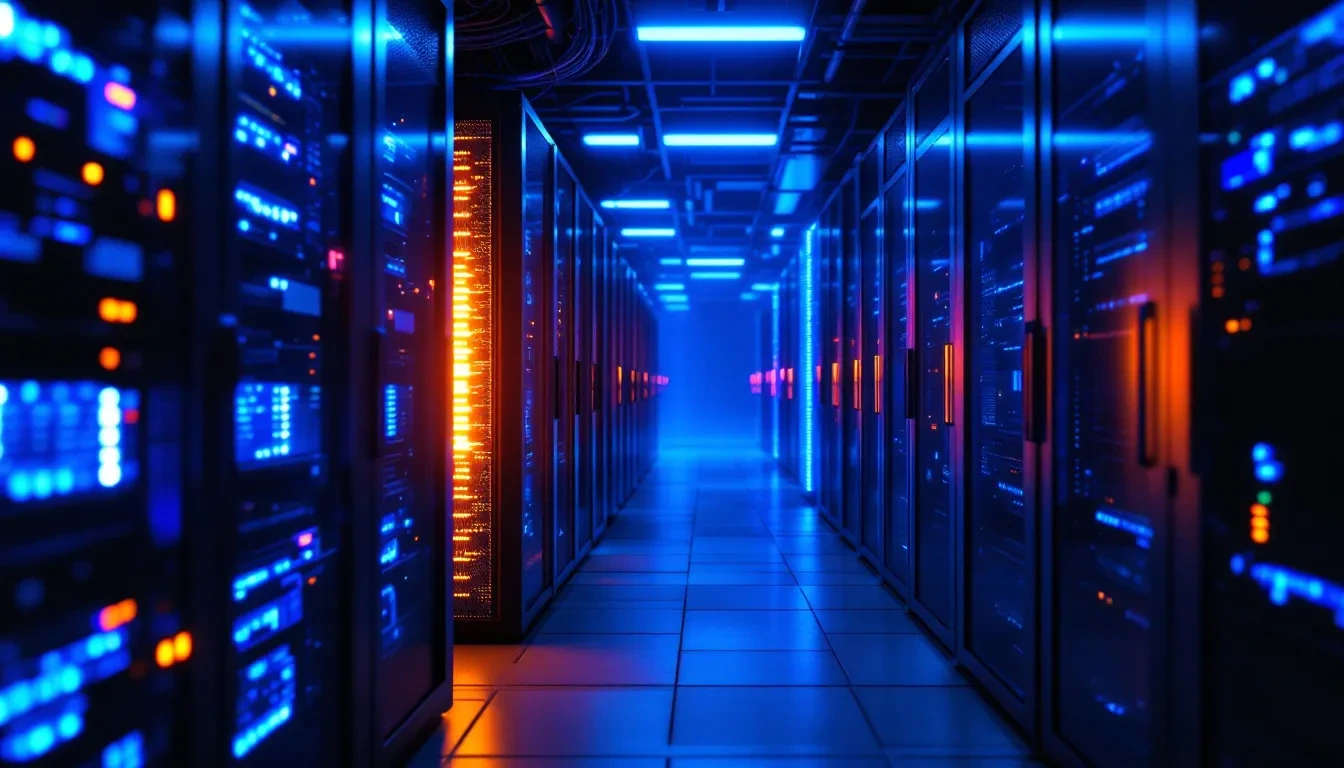 A photoreal server room at night, rows of glowing blue rack-mounted servers, one rack conspicuously overheating with amb