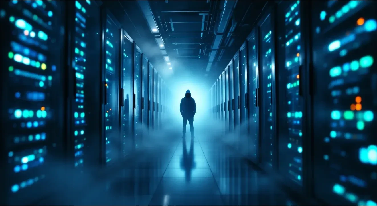 A dramatic low-angle shot of a server room at night, rows of glowing blue and white rack-mounted servers stretching into