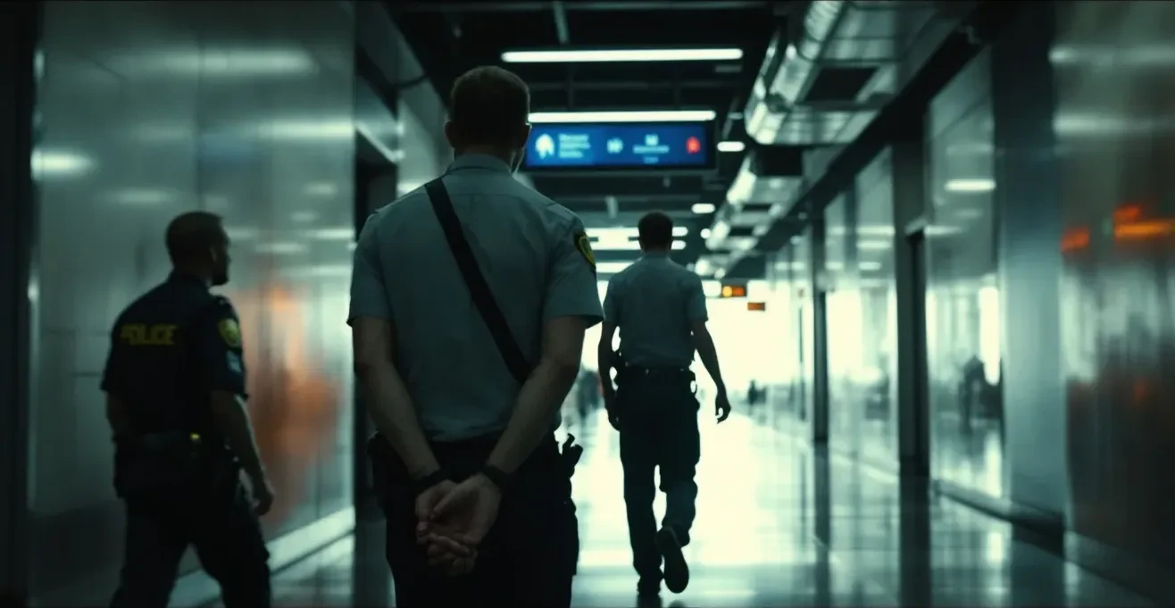 A photoreal editorial scene showing a young man in handcuffs being escorted through a modern international airport corri