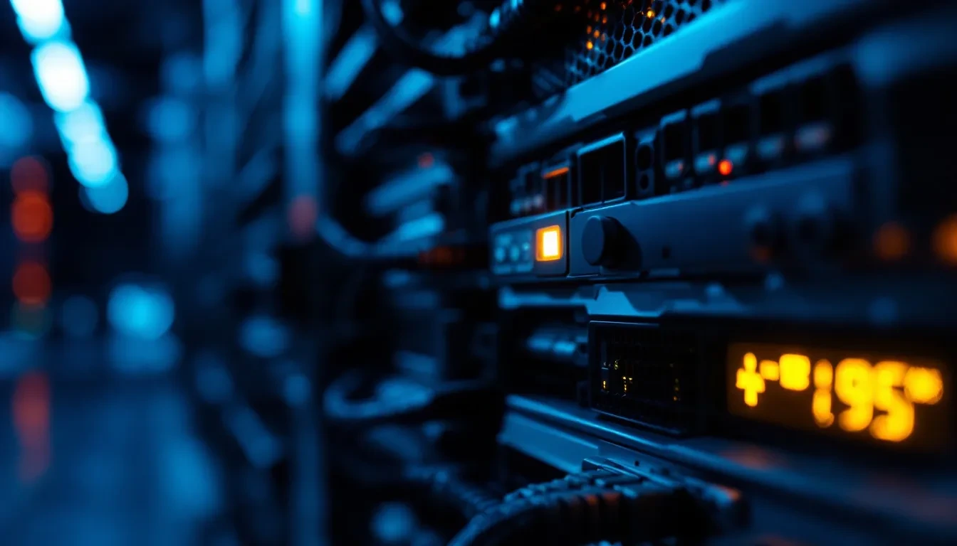A close-up photograph of a server rack in a dimly lit data center, with a single warning LED glowing amber on one unit,