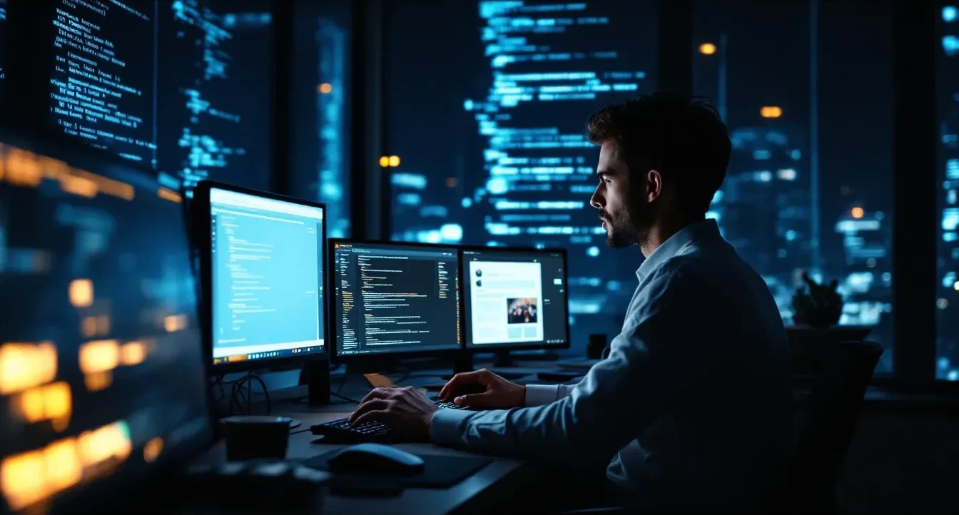 A photoreal editorial scene showing a dimly lit open-plan office at night, multiple monitors glowing with news website i