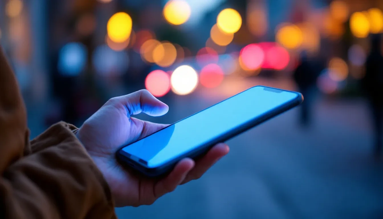 A close-up editorial photograph of a person's hands holding a modern smartphone, the screen casting a soft blue-white gl