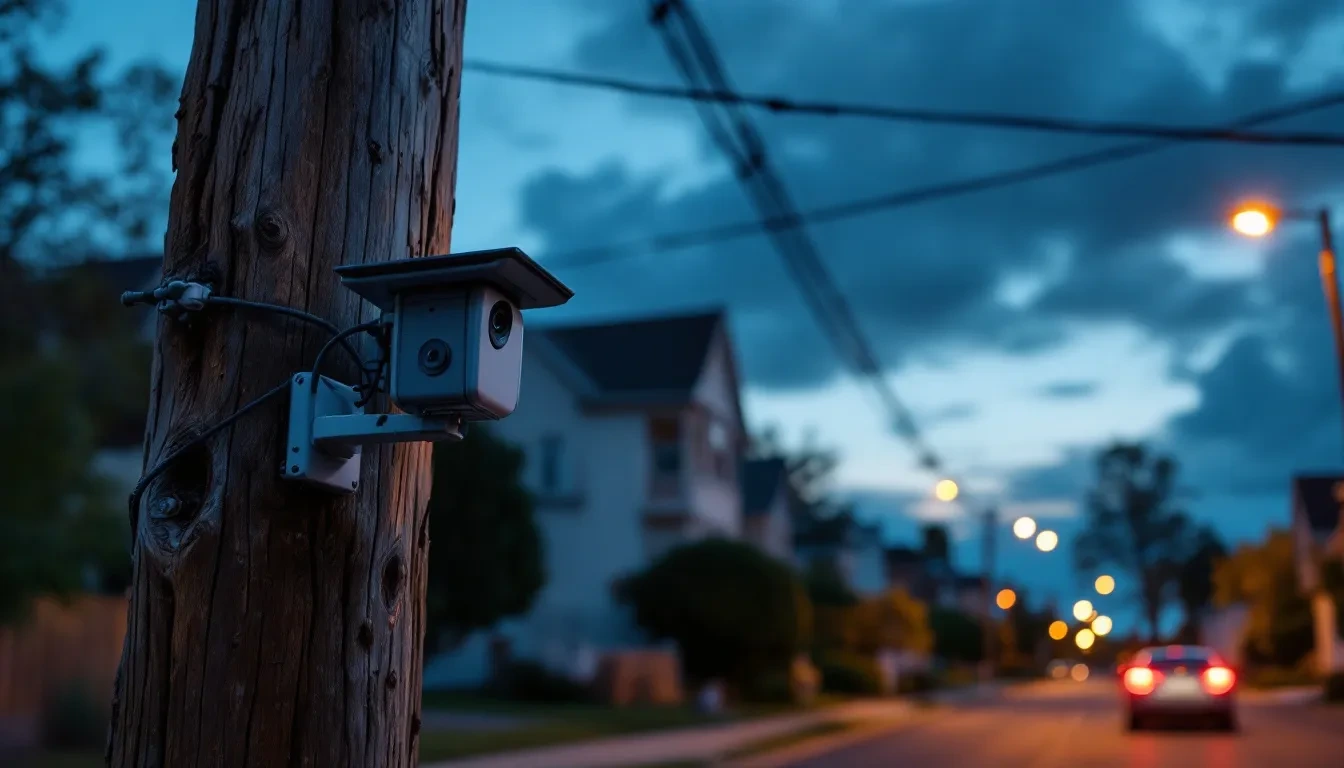 A wide-angle photoreal editorial photograph taken at dusk on a quiet American residential street. In the foreground, a w