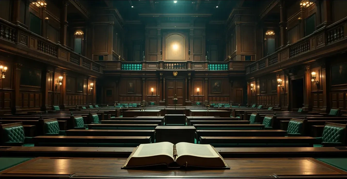 A wide-angle photoreal editorial scene of an empty wood-panelled parliamentary chamber at dusk, rows of green leather be