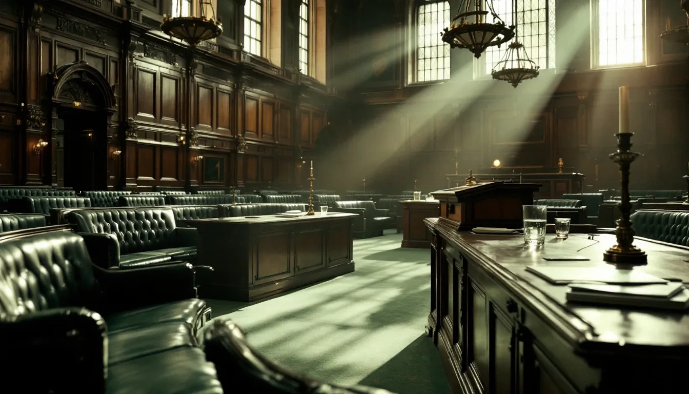 A wide-angle photoreal editorial scene of a formal wood-panelled British political chamber, empty leather benches and a