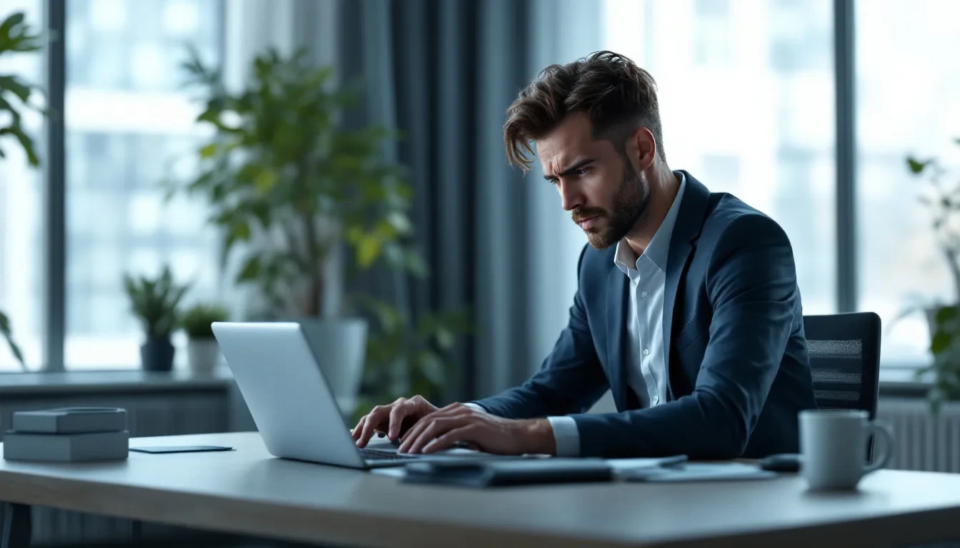 A photorealistic editorial scene showing a corporate office worker at a modern desk looking uncertain at a laptop screen