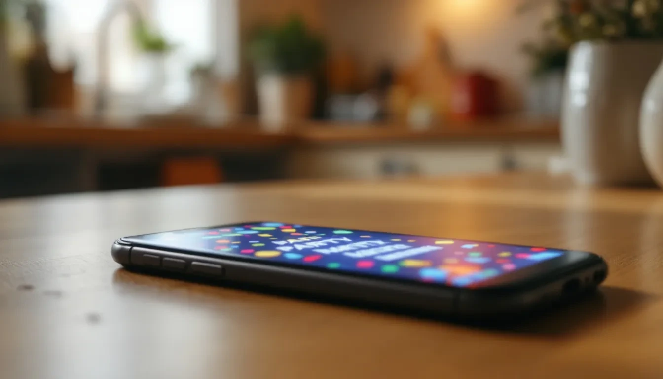 A close-up photoreal editorial scene of a smartphone lying on a wooden table, its screen displaying a colourful but slig