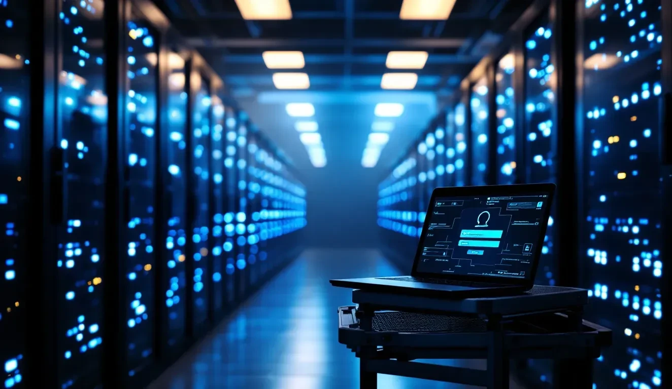 A photoreal editorial scene inside a dimly lit corporate server room at night, rows of blinking rack-mounted servers cas