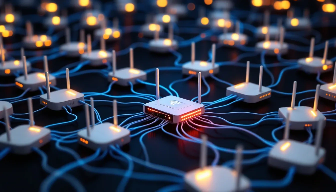 A photoreal close-up of a tangled web of illuminated blue fiber optic cables connecting multiple small white Wi-Fi route