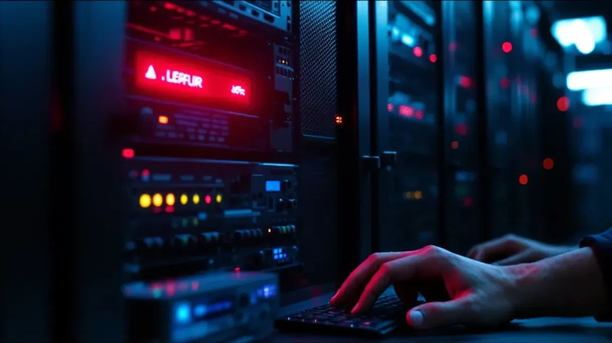 A photoreal editorial close-up of a server rack in a dimly lit data centre, with one rack unit bathed in a subtle red wa