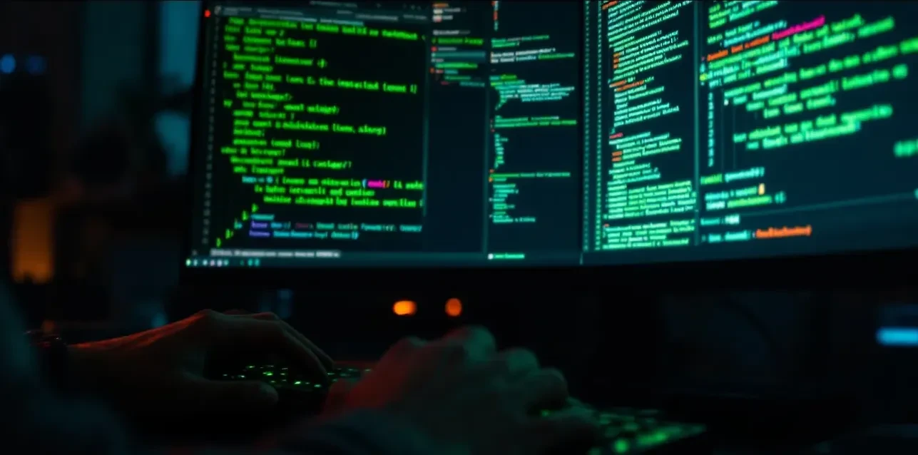A photoreal close-up of a developer's hands typing at a mechanical keyboard in a dimly lit office, with multiple termina