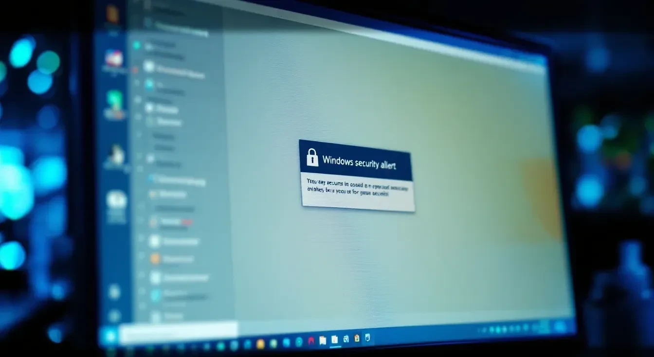 A photoreal close-up of a modern desktop computer screen in a dimly lit office showing a Windows security alert notifica