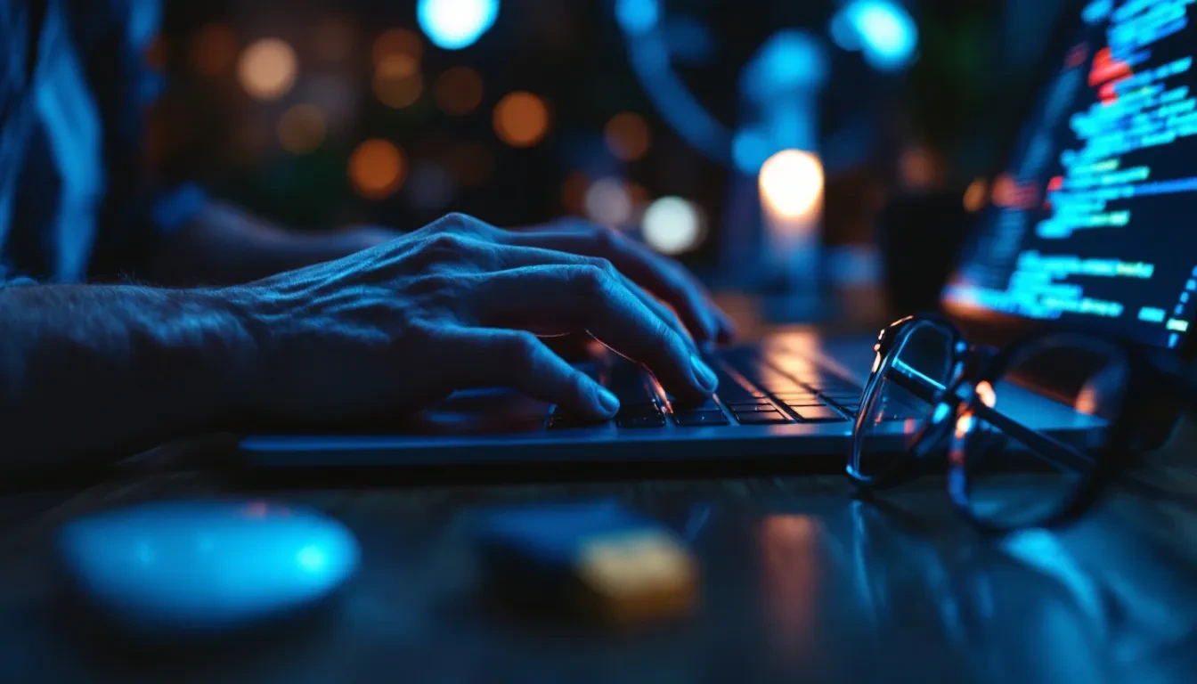 A photoreal close-up of a developer's hands hovering over a laptop keyboard in a dimly lit office, with code reflected i