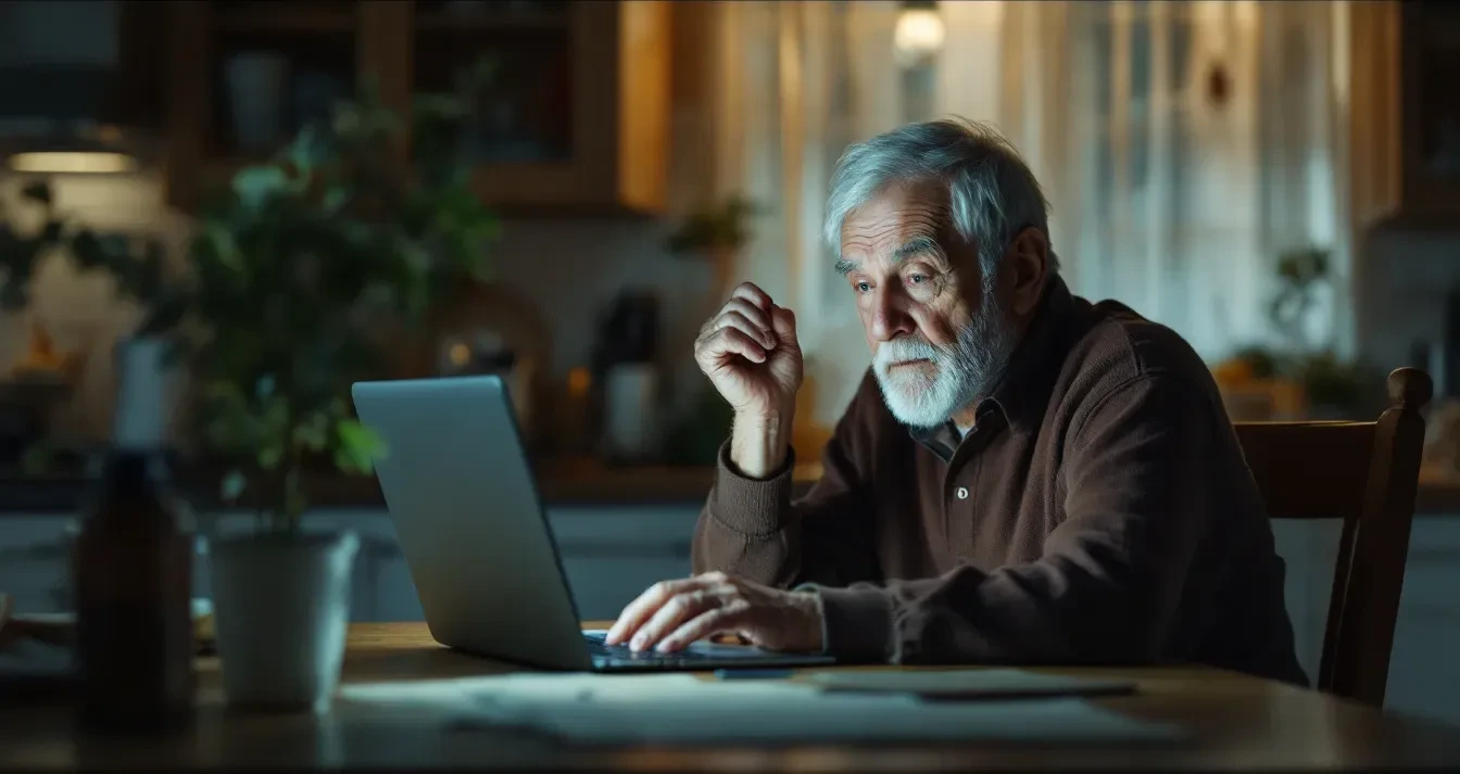 A photoreal editorial scene showing an elderly person sitting alone at a kitchen table, lit by the soft glow of a laptop