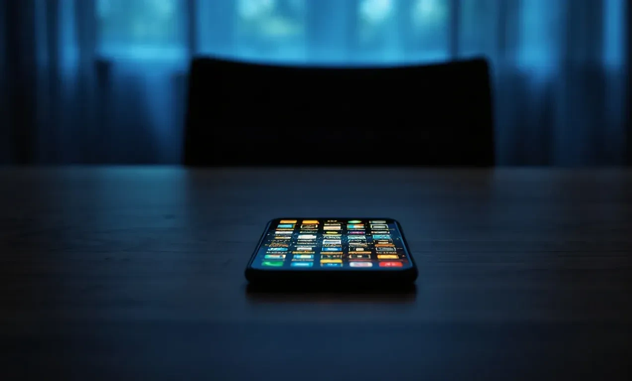 A single smartphone lying face-up on a wooden table in a dimly lit room, its screen glowing with a cascade of anonymous