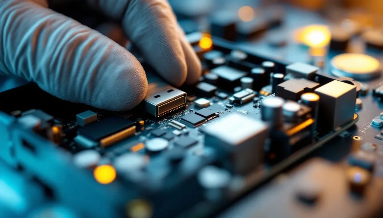 A close-up photoreal editorial photograph of a circuit board inside an open embedded industrial device, with a gloved te